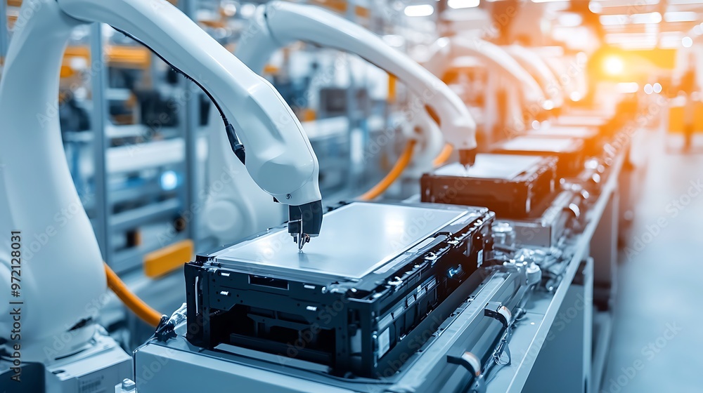 Poster automated production line with robotic arms in a modern factory