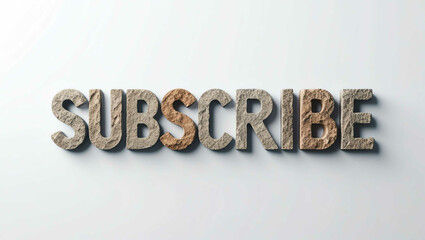 Subscribe word made of stone material lettering on plain white background