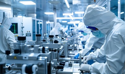 People working and researching in a dust-free and sterile production workshop