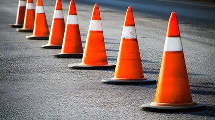 Multiple traffic cones lined up in a row, indicating construction or safety