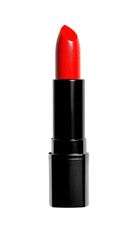 Obraz premium Bright red lipstick in a sleek black case. This bold red color provides a vibrant and classic cosmetic choice for enhancing lips. Isolated on transparent background, png.