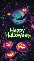 A colorful Halloween banner showcases the phrase Happy Halloween surrounded by glowing pumpkins and flying witches against a full moon