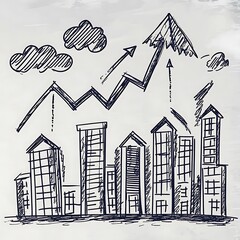 Fototapeta premium Upward Hand Drawn Arrows and Buildings Illustrating Market Trends and Business Growth 