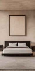 Modern bedroom with an elegant low profile bed, minimalist decor window lighting and ample copyspace. Stylish resting interiors composition.