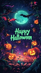 Fototapeta premium A colorful Halloween banner showcases the text Happy Halloween in neon green, surrounded by glowing pumpkins and witches against a full moon