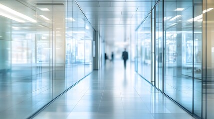Fototapeta premium A Blurry Figure Walks Down a Glass-Walled Hallway