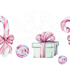 Watercolor seamless border - candy cane, Christmas sweet peppermint cinnamon lollipop pink white, gift with red bow, green box for celebration. Romantic retro style. Winter festive decor. Hand drawn
