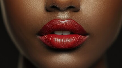 Obraz premium A close-up of a woman lips, highlighted by her soft grip on a bold red lipstick for a glamorous makeup look.