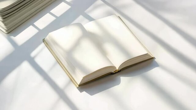 An open book lies on a table, showcasing empty pages illuminated by soft sunlight, perfect for creative ideas and inspiration.
