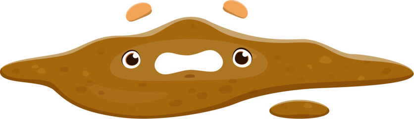 Cartoon poop emoji. Isolated vector anthropomorphic liquid shit or diarrhea puddle personage with wide eyes and distressed or shocked face expression. Funny feces emoticon with splattered brown shape