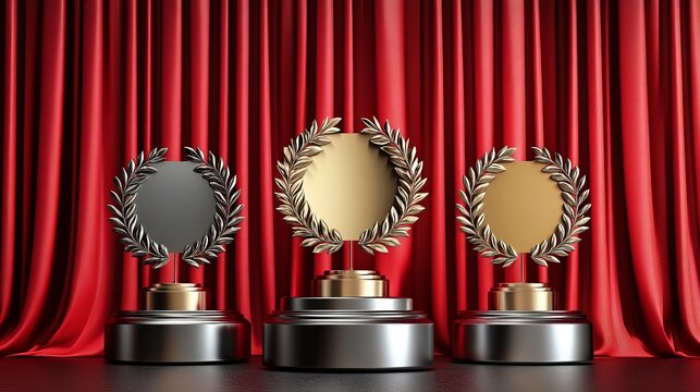 Gold, silver, and bronze award signs on a podium with laurel wreaths are against a red curtain backdrop. These are vector design templates for awards.