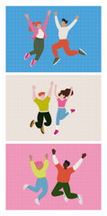 Set of Posters Featuring Happy Diverse People Jumping