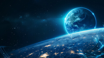 Obraz premium Futuristic Abstract Digital Network Concept with Glowing Data Transfers on Earth in Space, Global Internet Technology and Business Exchange Illustration