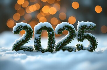 2025 new year is made from Christmas trees spruce branches. spruce branches are soft and fluffy, covered with snow, atmospheric spruce needles, natural, blurred bokeh golden background
