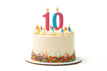 Celebration birthday cake with number 10 candle isolated on white background