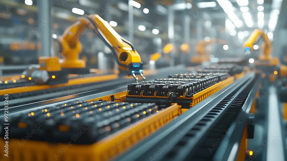Poster automated battery assembly line in a modern factory