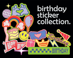 birthday collection element asset of various patches, labels, tags, stickers, stamps, bracelets k. cake, candy, holiday, party