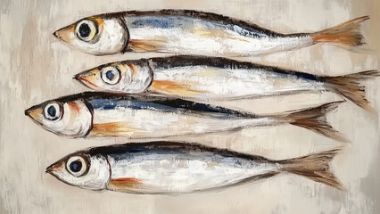 Fototapeta premium Minimalist Sardines: Simple Oil Painting on Grey Beige Background
