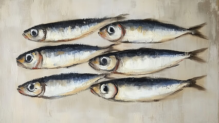Obraz premium Minimalist Sardines: Simple Oil Painting on Grey Beige Background