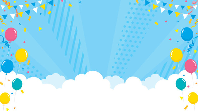 青空と紙吹雪と風船とガーランドの背景　雲下ver　サイズ比率16:9
