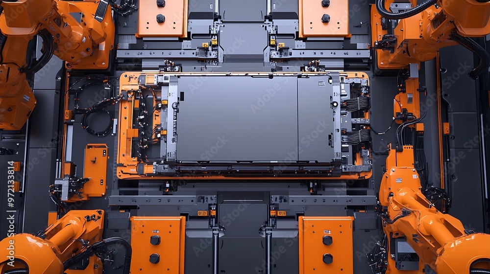 Poster automated assembly line with orange robotic arms