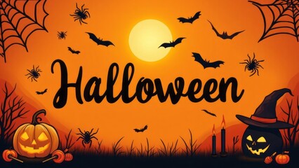 Halloween theme frame with the text in the middle, orange background, black spiders, web, bats, pumpkin, witch hat, candies, candles