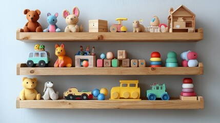 Colorful wooden toys displayed on shelves for children's play.