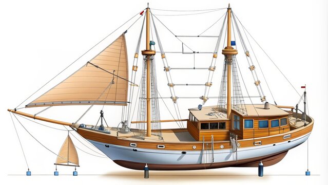 A sailboat's hull glides across the water, featuring a bow and stern, keel, rudder, and propeller, surrounded by