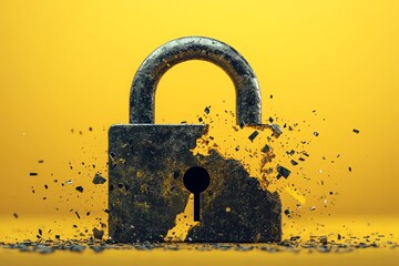A broken rusty padlock on a yellow background with pieces of metal flying off.