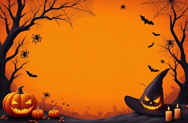 Halloween theme frame with space for text in the middle, orange background, black spiders, web, bats, pumpkin, witch hat, candies, candles