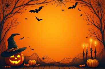 Halloween theme frame with space for text in the middle, orange background, black spiders, web, bats, pumpkin, witch hat, candies, candles