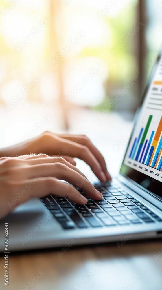 Poster a person typing on a laptop, analyzing data through graphs and charts in a bright workspace. product