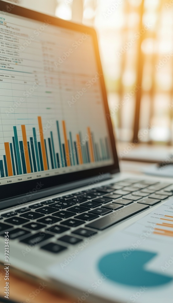 Aufkleber close-up of a laptop displaying financial graphs and charts in a bright workspace, showcasing data a