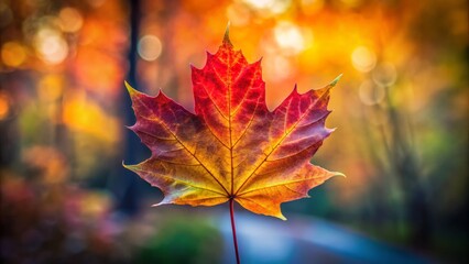 Fototapeta premium A single maple leaf glows with vibrant hues against a soft, blurred backdrop, its intricate veins and edges