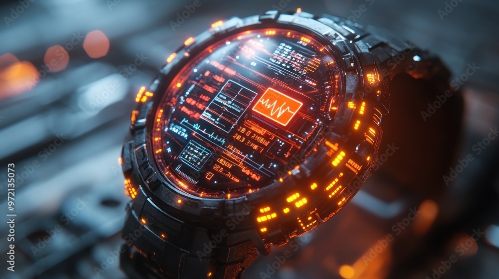 Poster futuristic digital watch with glowing interface and data display.