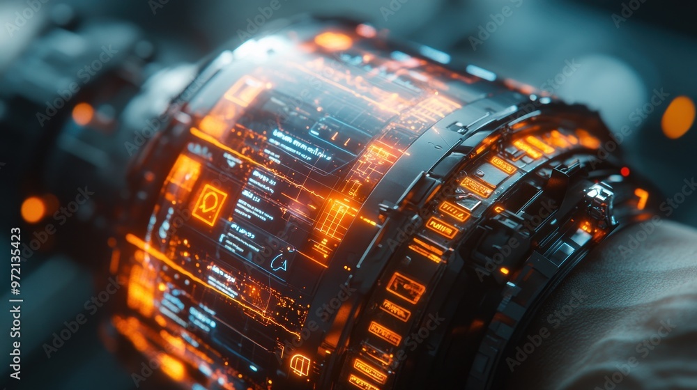 Poster futuristic wrist device displaying glowing digital interfaces.