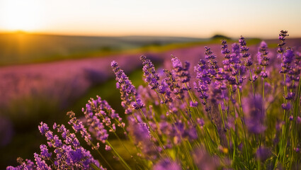 Obraz premium Lavender Field at Sunset with Warm Golden Light