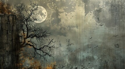 Silhouette of a Tree Against a Grunge Moonlit Sky