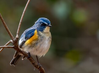 森の中の木陰で枝に留まって周りを見渡しているルリビタキの雄