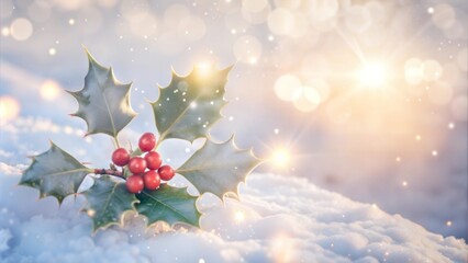 A sharrow bush with red berries stands in a snowy winter forest with a bokeh effect.Christmas tree made from holly branches for a festive and New Year's touch to your holiday projects.