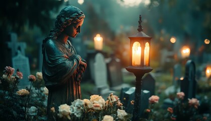 A serene cemetery scene  decorated graves with glowing lamps and subdued colors reflecting faith