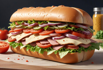 Fresh Submarine Sandwich Packed with Ham, Cheese, and Veggies