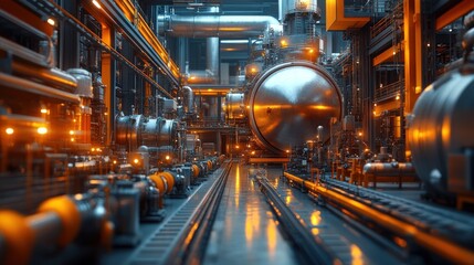 Fototapeta premium Industrial facility with pipes and tanks, showcasing machinery.