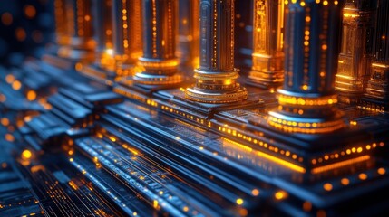 Futuristic architectural structure with glowing pillars and intricate details.