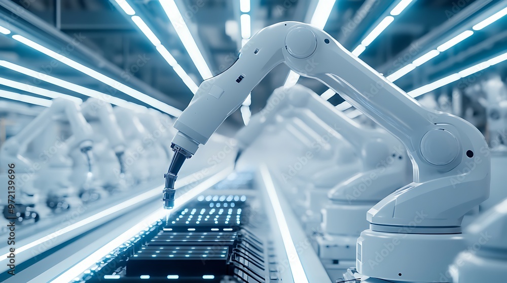 Poster automated production line with robotic arms