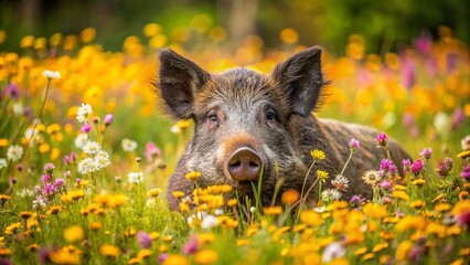 A tranquil boar lies amidst a kaleidoscope of colorful wildflowers, its peaceful presence harmonizing with the gentle