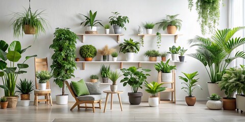 A tranquil indoor space showcasing a vibrant array of plants, set against a clean white surface, exuding peaceful