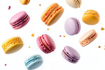 Colorful of macarons floating in the air isolated white background