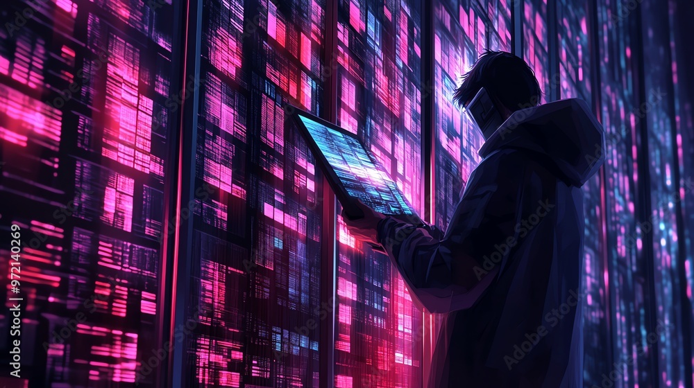 Aufkleber a hacker stands in front of a server rack with glowing screens, working on a laptop.