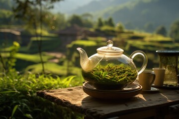 Tea Infusion: Highlight the beauty of tea leaves unfurling in a clear teapot, with a village tea garden visible in the background.